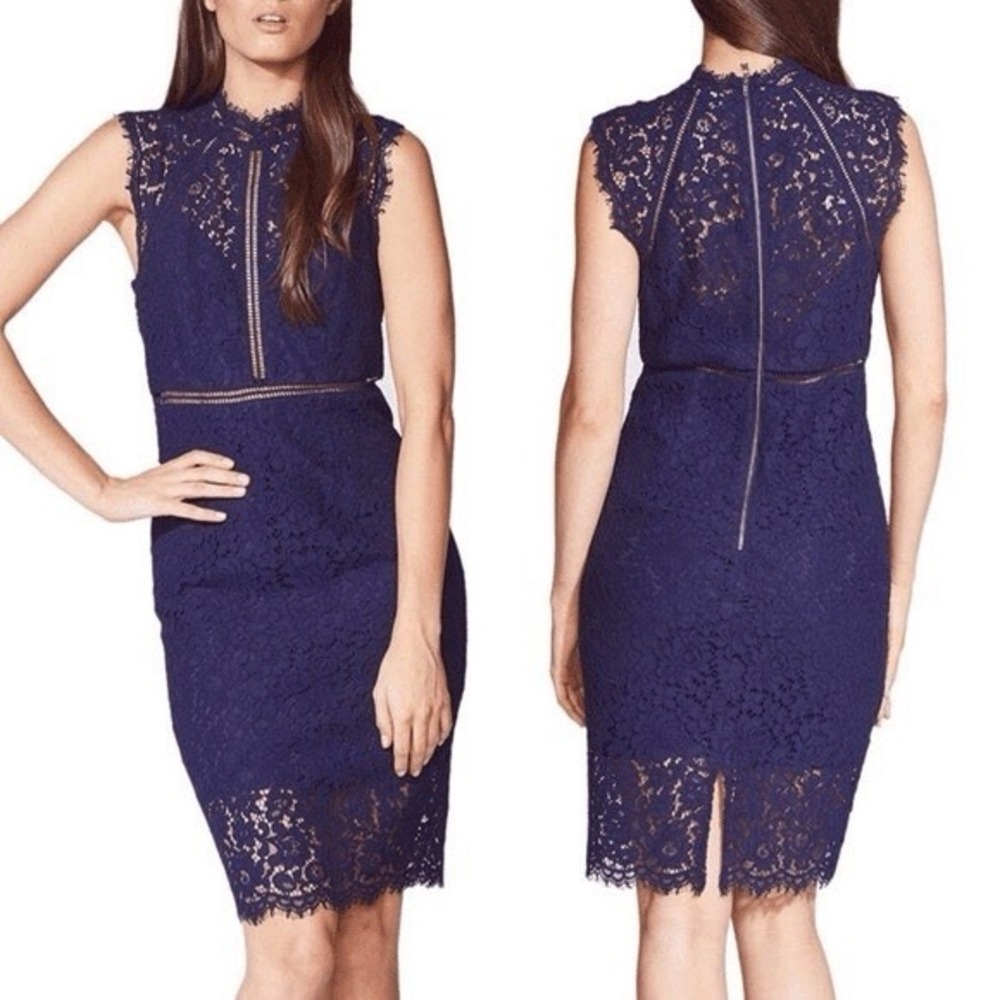 Bardot Lace Panel Sheath Dress Navy Blue Mini Cap-Sleeve Size S US 4 Zip Cutouts